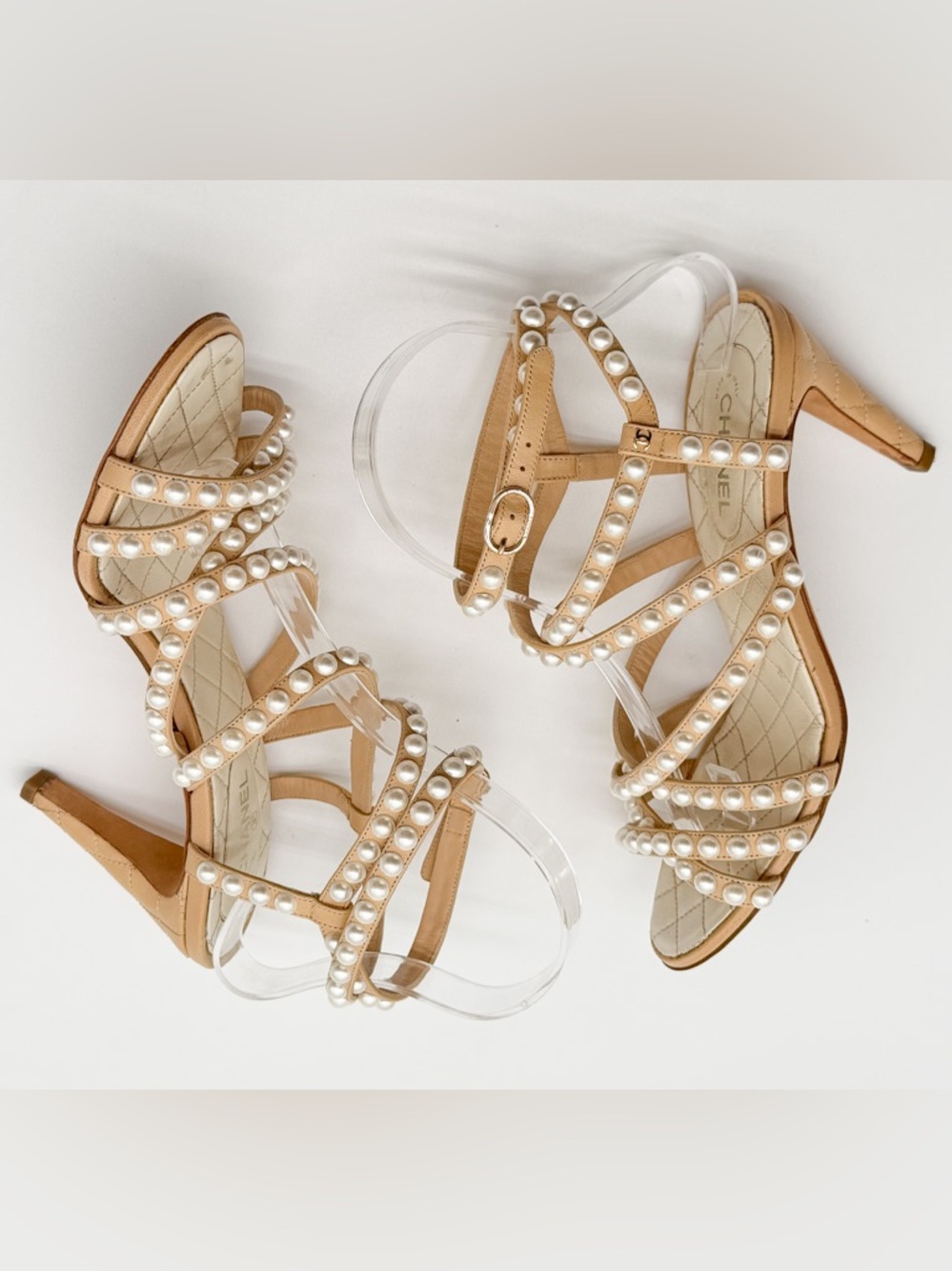 Chanel Beige Quilted Leather Pearl Embellished Ankle Strap Sandals Heels EU 37.5 - Picture 8 of 16